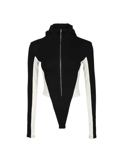 Nichi Bi-color Hoodie Tight Zip-Tops