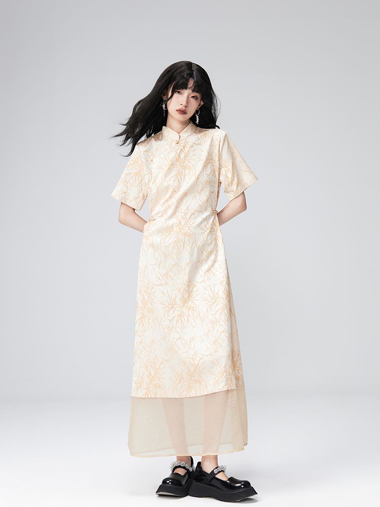 CHINA LONG SHEER FLOWER EMBROIDERY ONE-PIECE