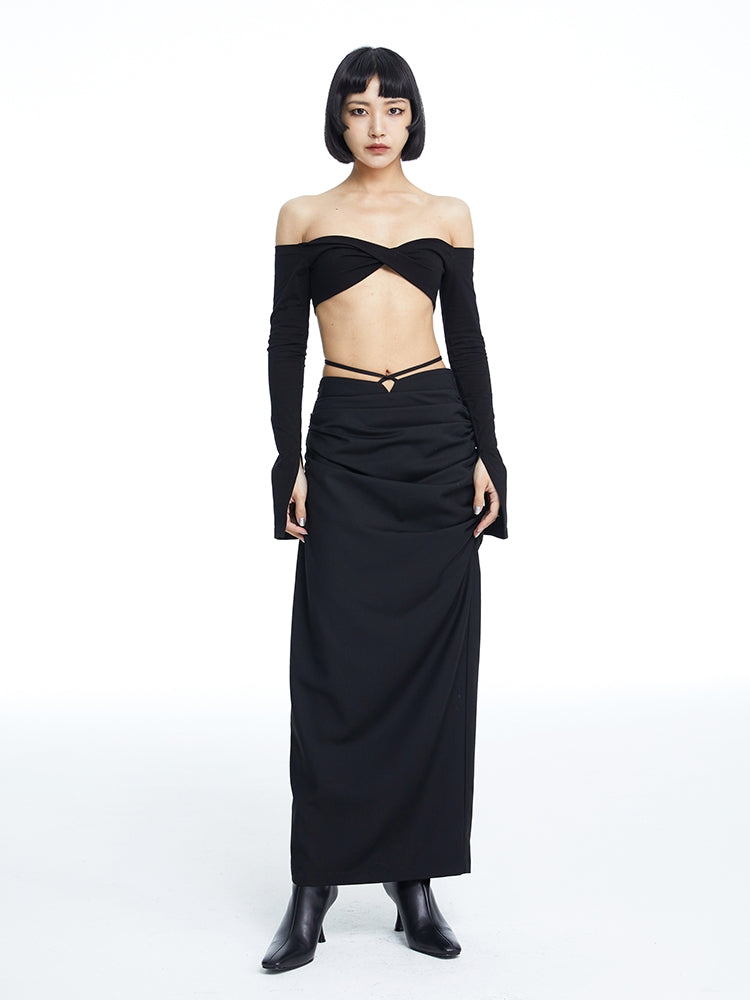 Drape I-line Waist-mark Long-Skirt