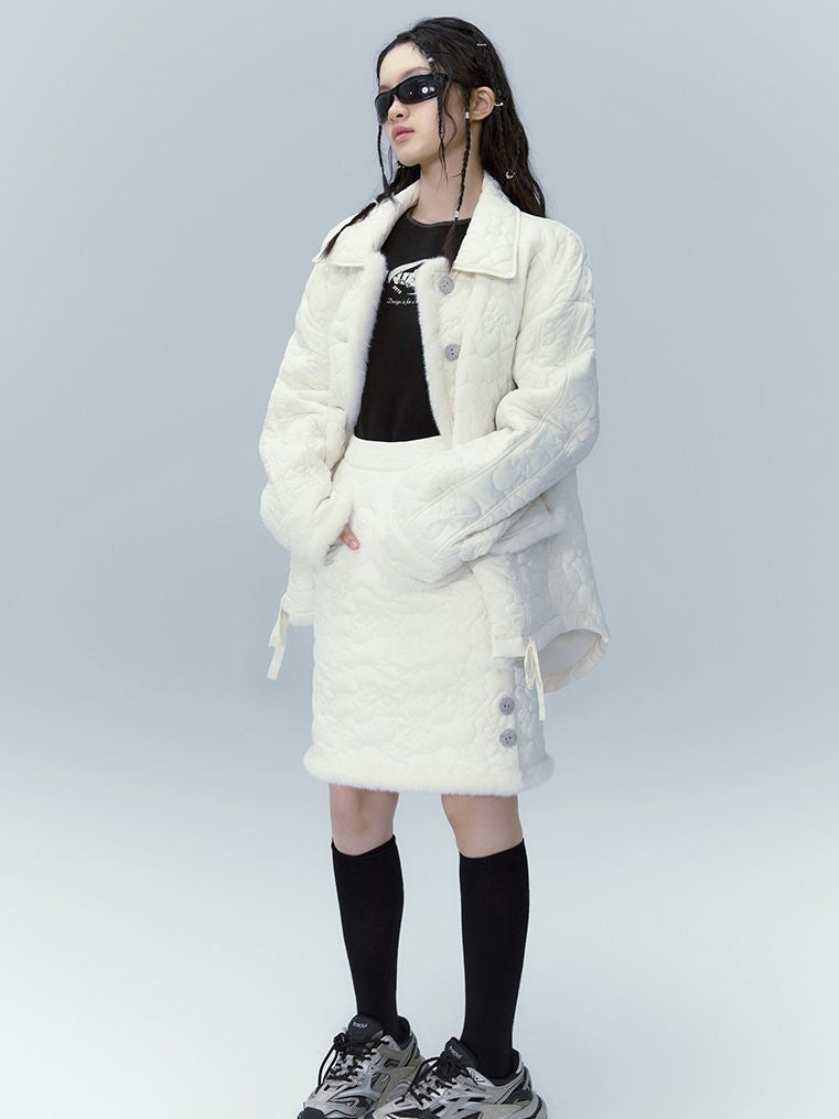 Quilting Fluffy FUR JACKET &amp; SKIRT SET-UP