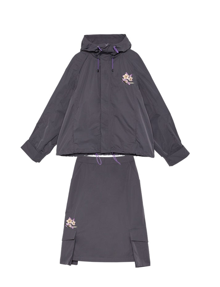 Embroidery Drawstring Casual Sporty Parka＆Skirt