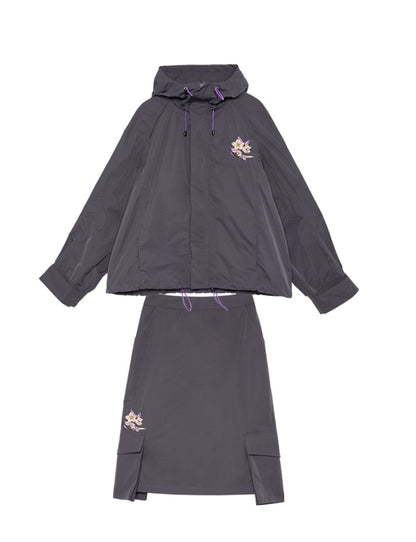 Embroidery Drawstring Casual Sporty Parka &amp; Skirt