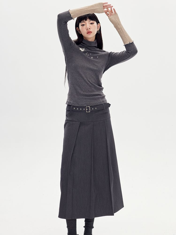 Long Box-Pleats Plain Skirt