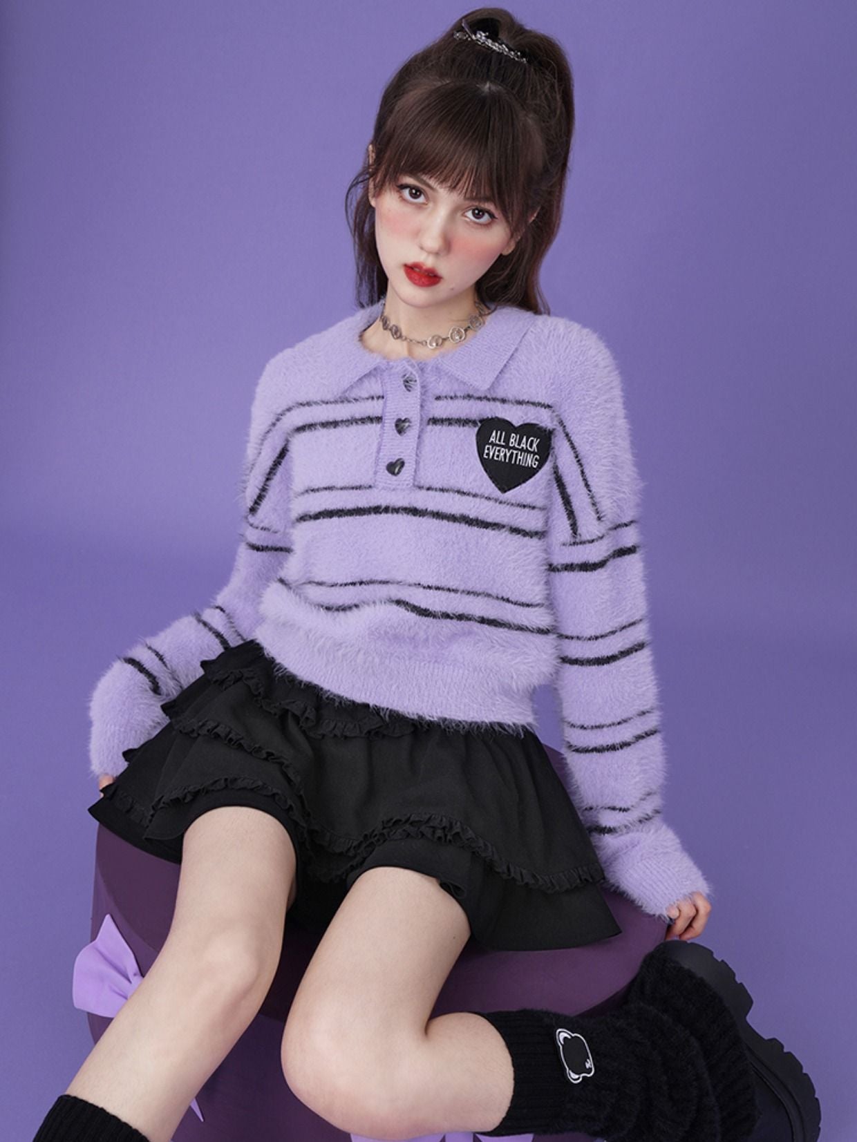 BORDER POLO-NECK RETRO SHAGGY-KNIT