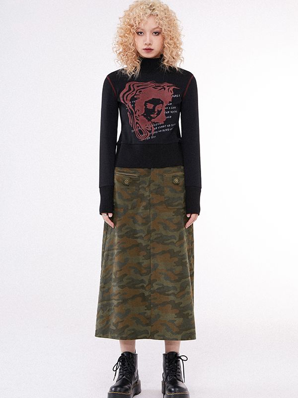 CAMOUFLAGE FLARE CASUAL LONG-SKIRT