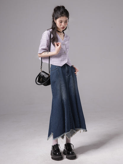 TASSEL MERMAID FADED-DENIM FLARE LONG-SKIRT