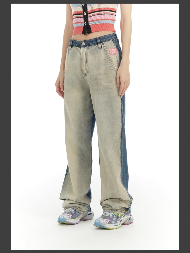 NICHI CONTRAST FADED-DENIM WIDE CASUAL PANTS