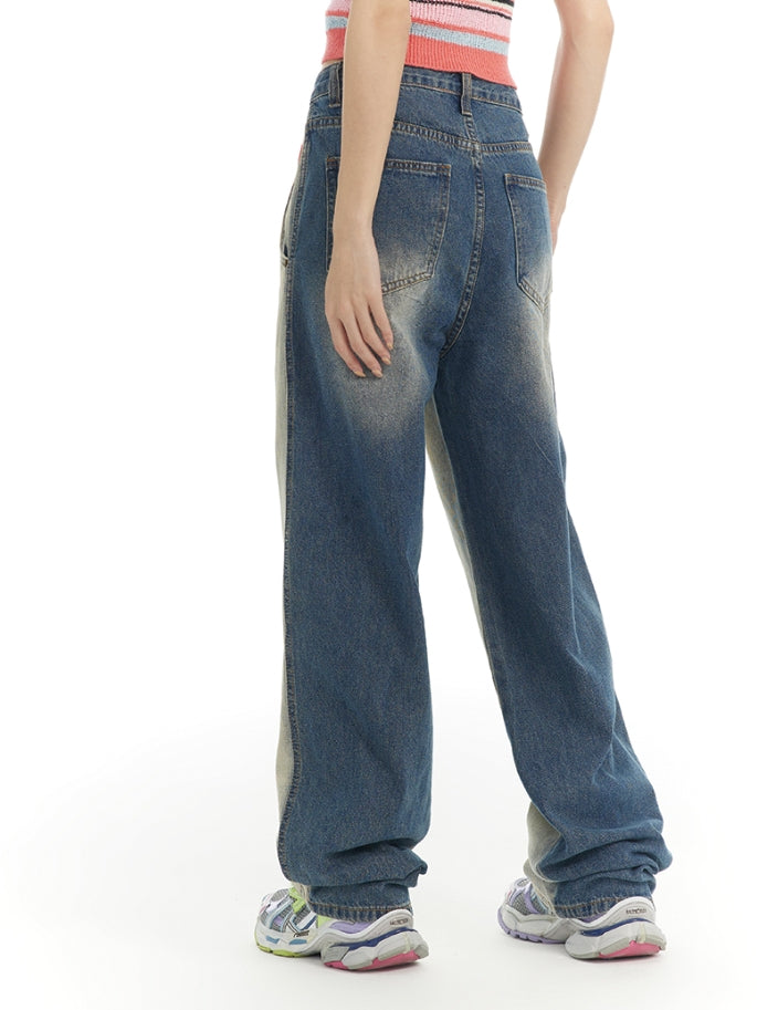 Nichi Contrast Faded-Denim Wide Casual Pants