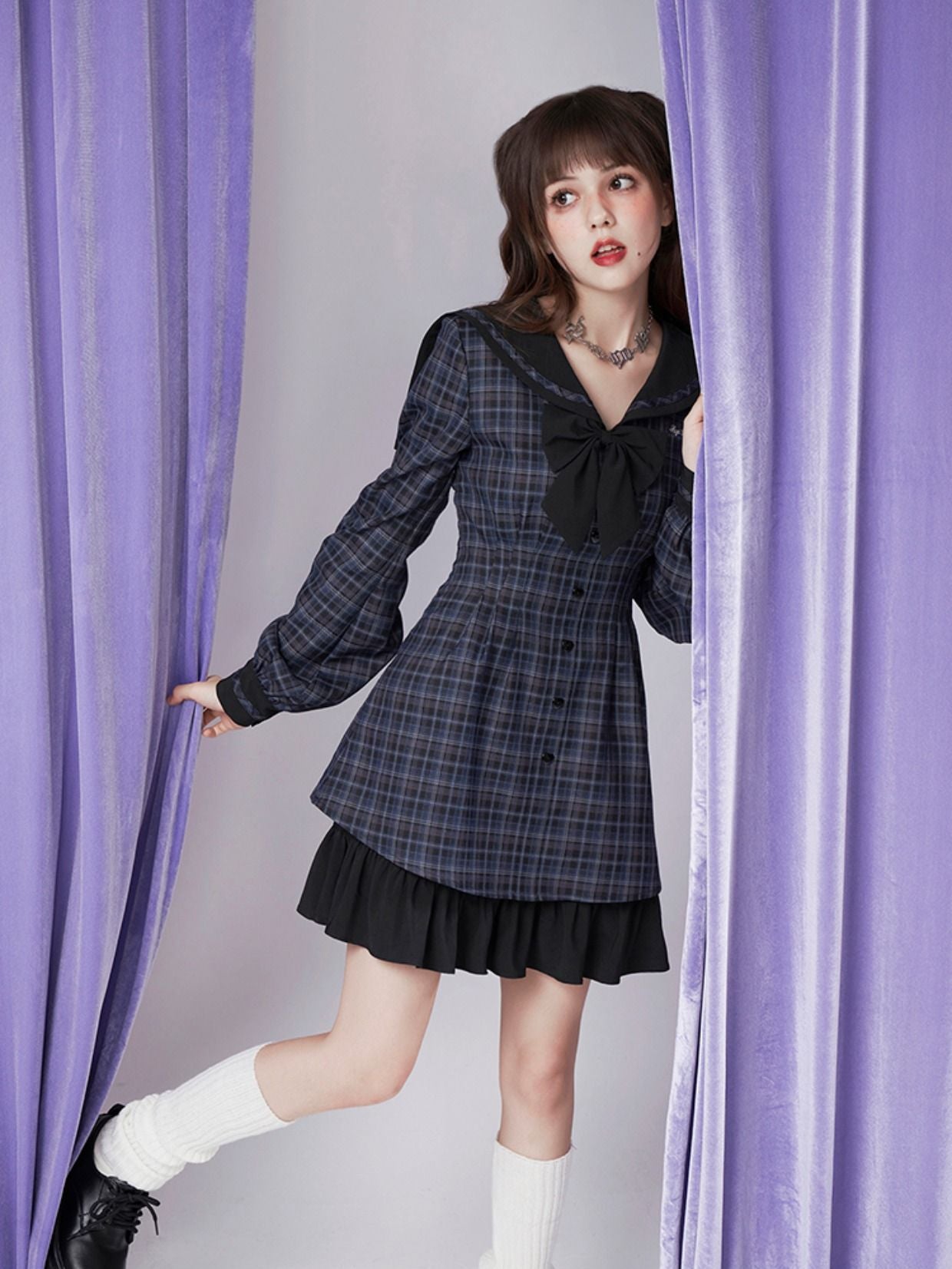 Sailor-collar Frill Ribbon Checked Girly One-piece