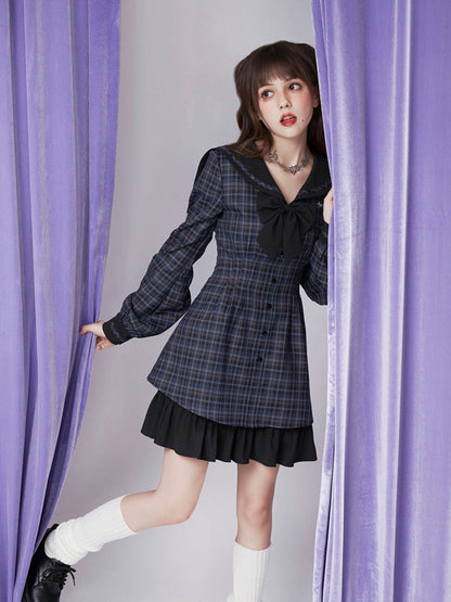 Sailor-Collar Frill Ribbon Checked Girly ONE-PIECE