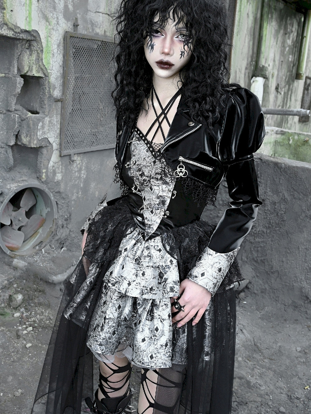 Gothic Power-Shoulder Leather Cropped Jacket