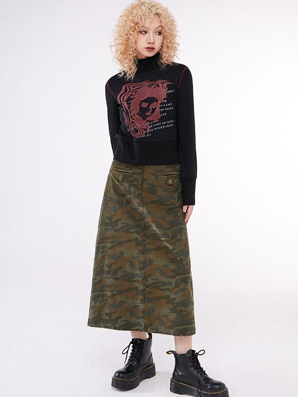 CAMOUFLAGE FLARE CASUAL LONG-SKIRT