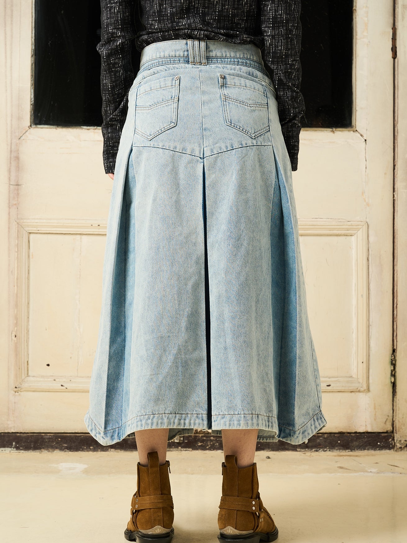 Denim Long PLEATS SLIT FLARE-SKIRT