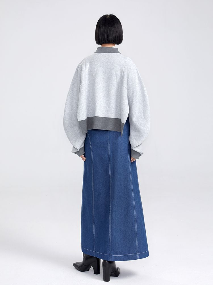 Cropped Loose Bi-color Slit Knit