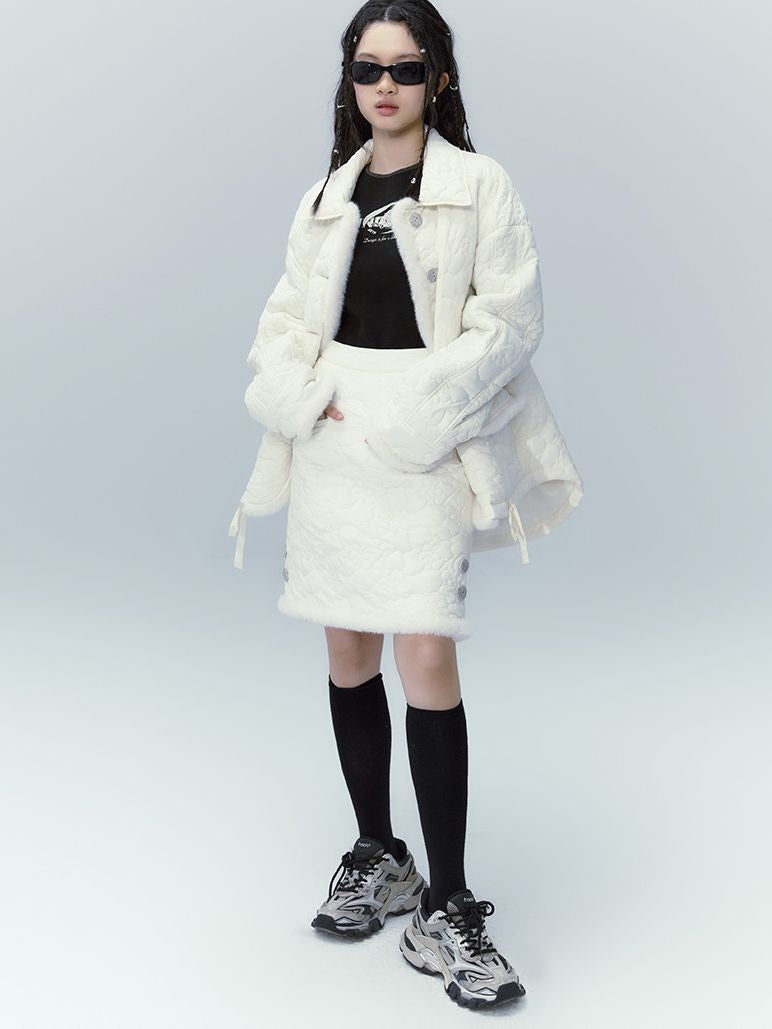 Quilting Fluffy FUR JACKET &amp; SKIRT SET-UP