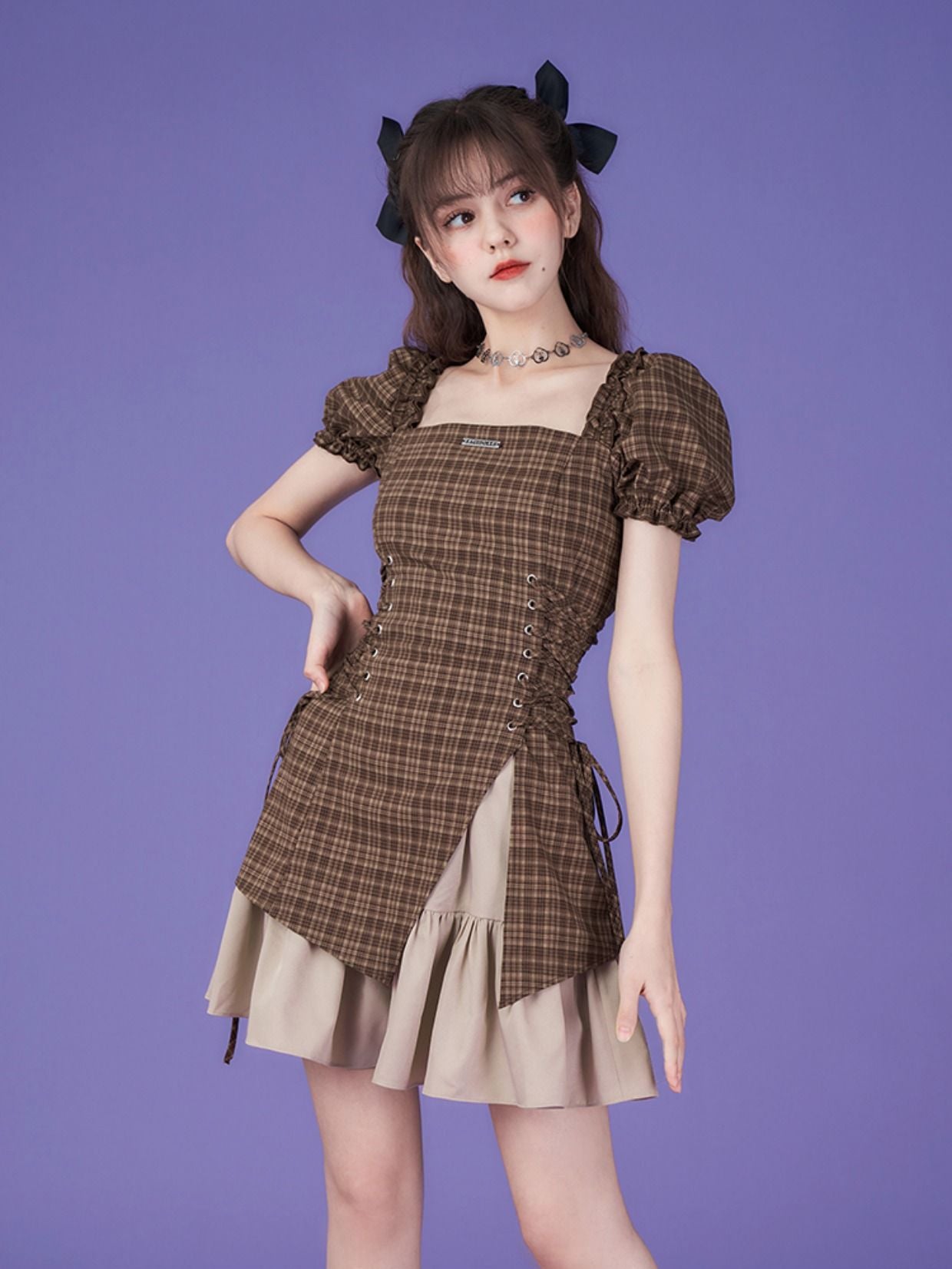 Lace-up Checked Girly Puff-sleeve One-piece