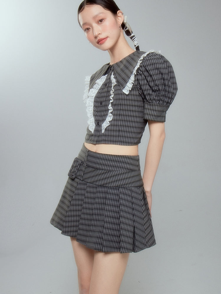 Lace Checked Girly Pleats Blouse＆Short-Skirt