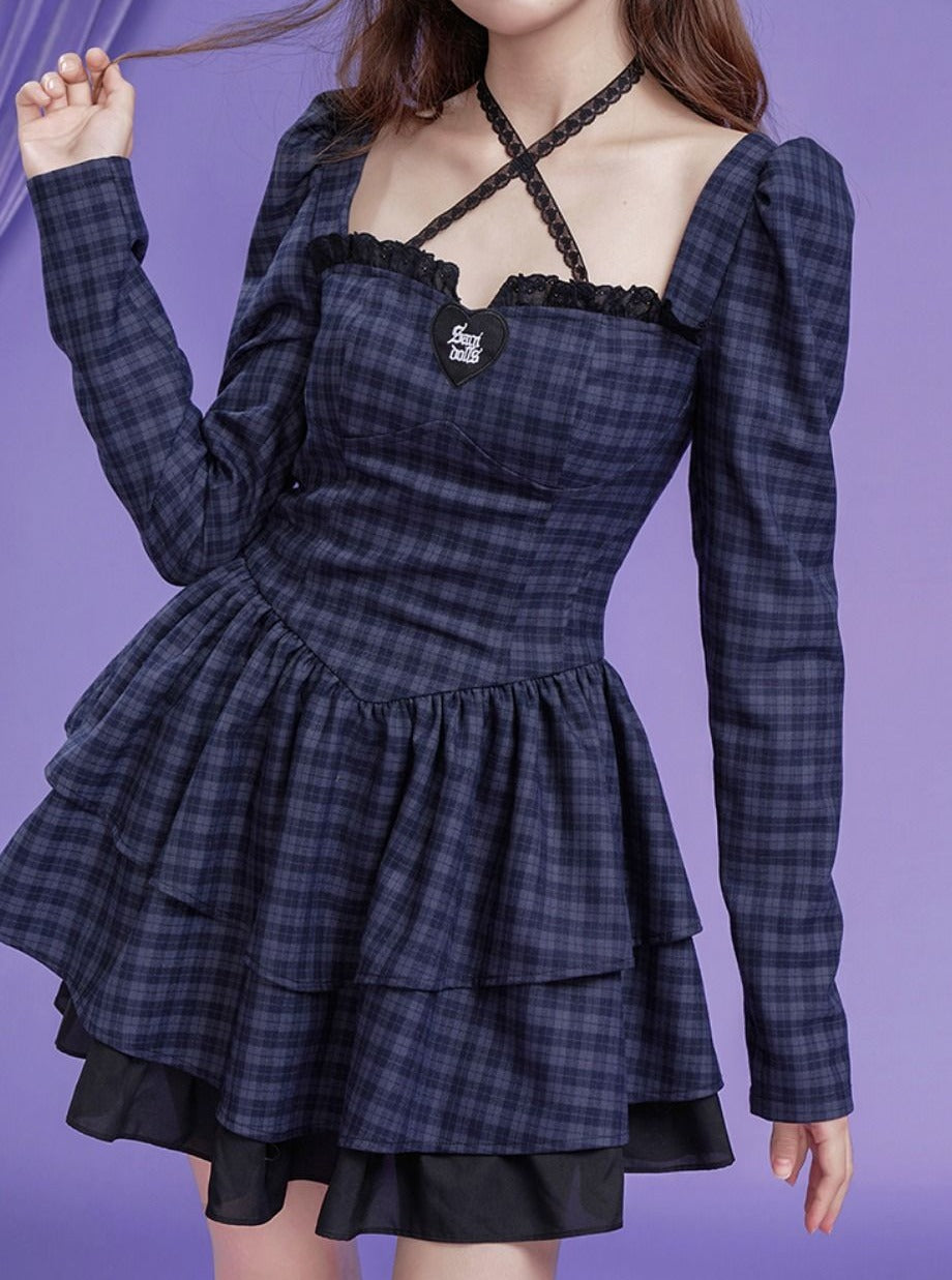 Halter-Neck Checked Retro Fluffy Tiered Frill One-Piece