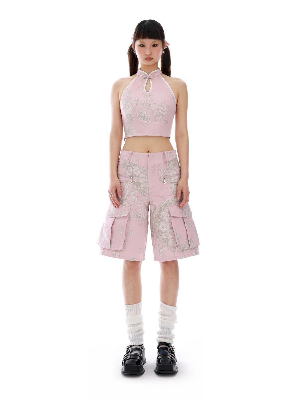 Cropped Mao-Collar Halter-Neck FLOWER TOPS