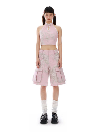 Cropped Mao-collar Halter-neck Flower Tops