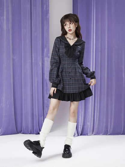 Sailor-Collar Frill Ribbon Checked Girly ONE-PIECE