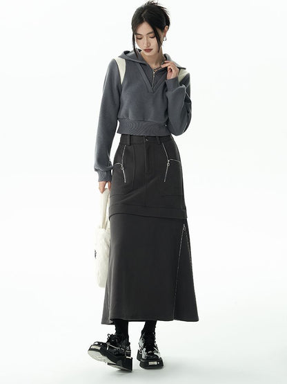 Fastener Casaul Long Flare Skirt