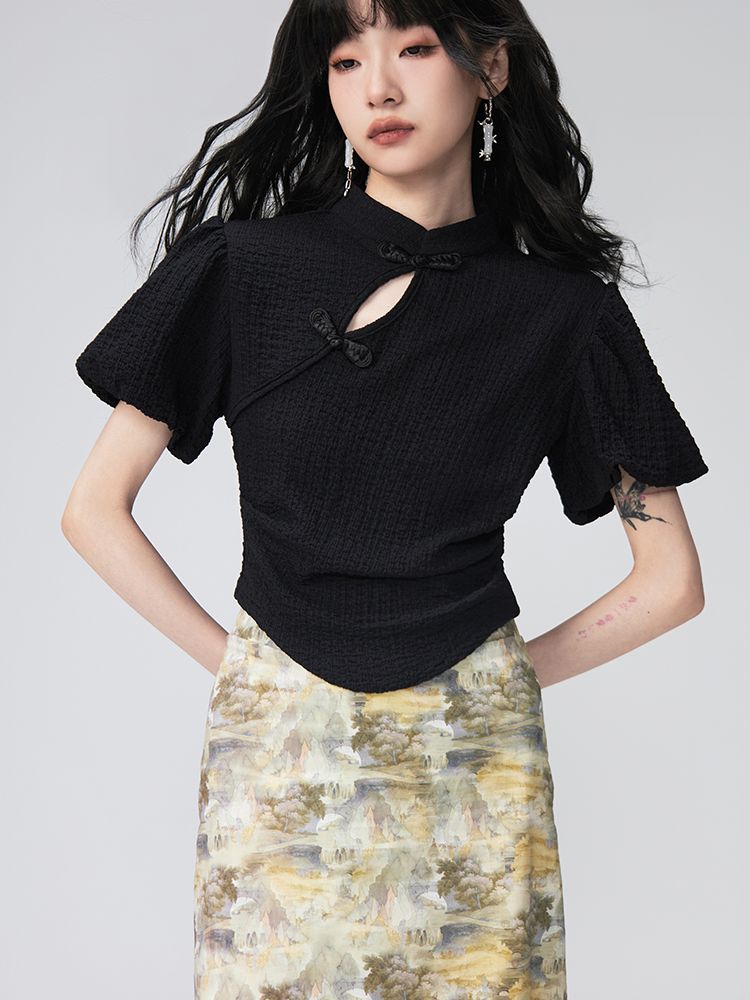 Puff-sleeve Flower Retro Blouse＆Pencil-Skirt