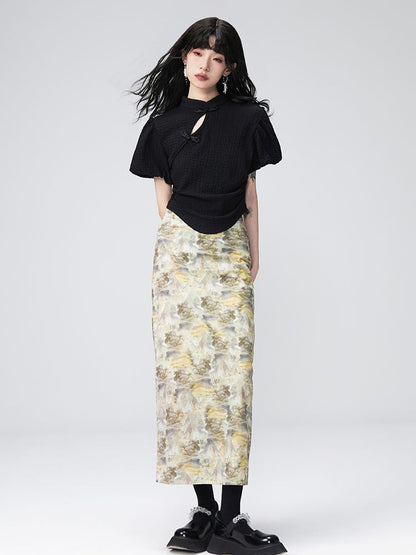 Puff-sleeve Flower Retro Blouse＆Pencil-Skirt