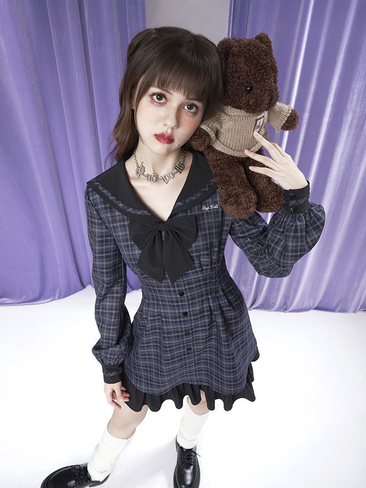 Sailor-Collar Frill Ribbon Checked Girly ONE-PIECE