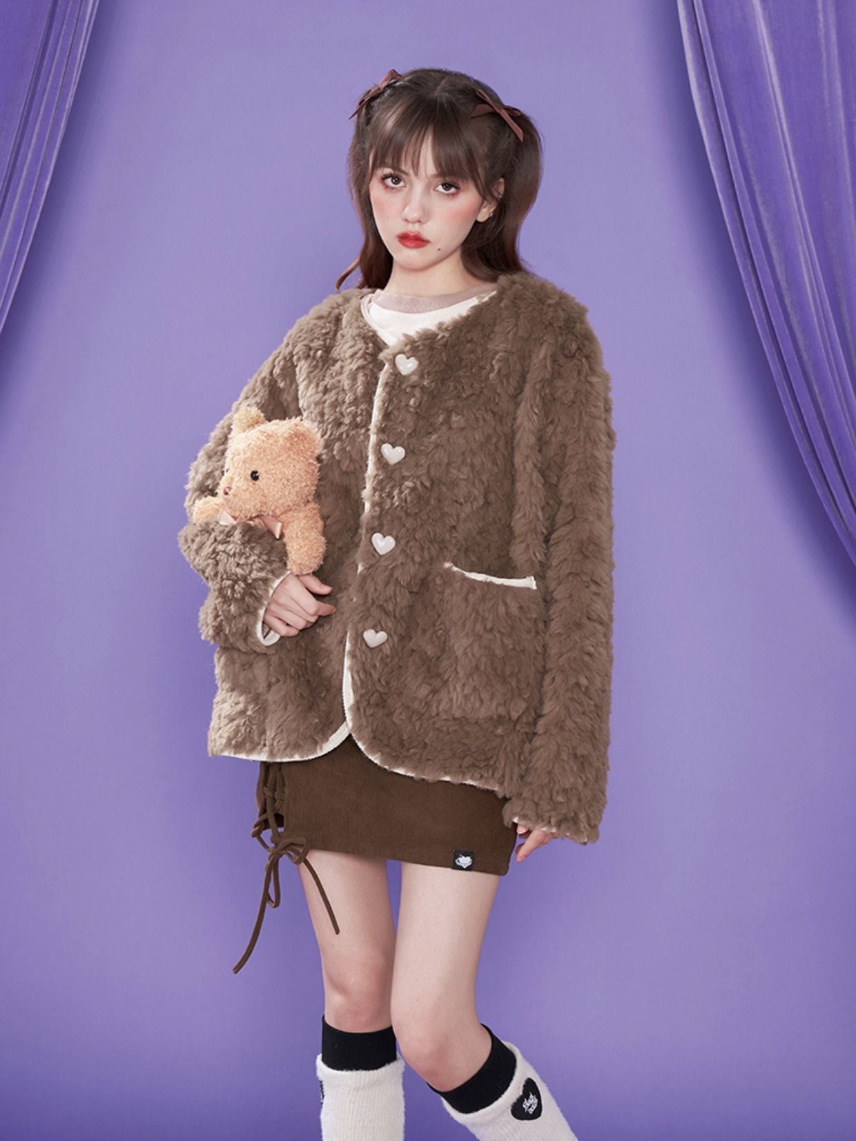 Heart No-collar Fluffy Boa-Coat