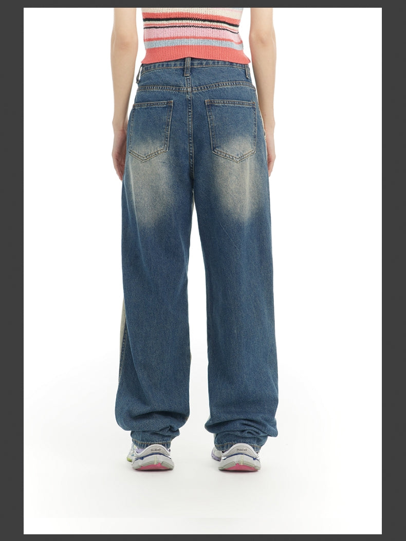 NICHI CONTRAST FADED-DENIM WIDE CASUAL PANTS