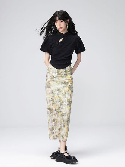 Puff-sleeve Flower Retro Blouse＆Pencil-Skirt