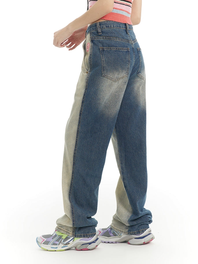 NICHI CONTRAST FADED-DENIM WIDE CASUAL PANTS