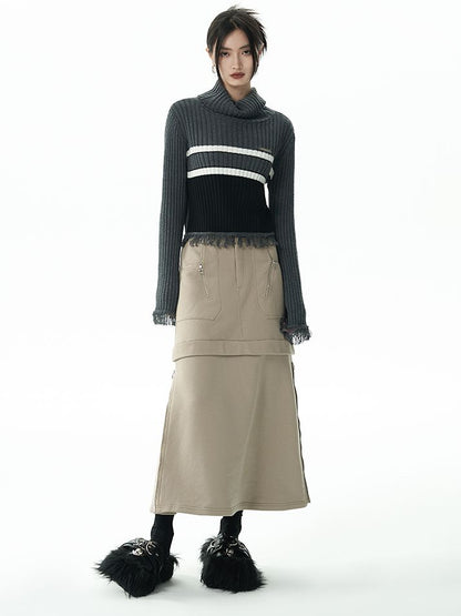 Fastener Casaul Long Flare Skirt