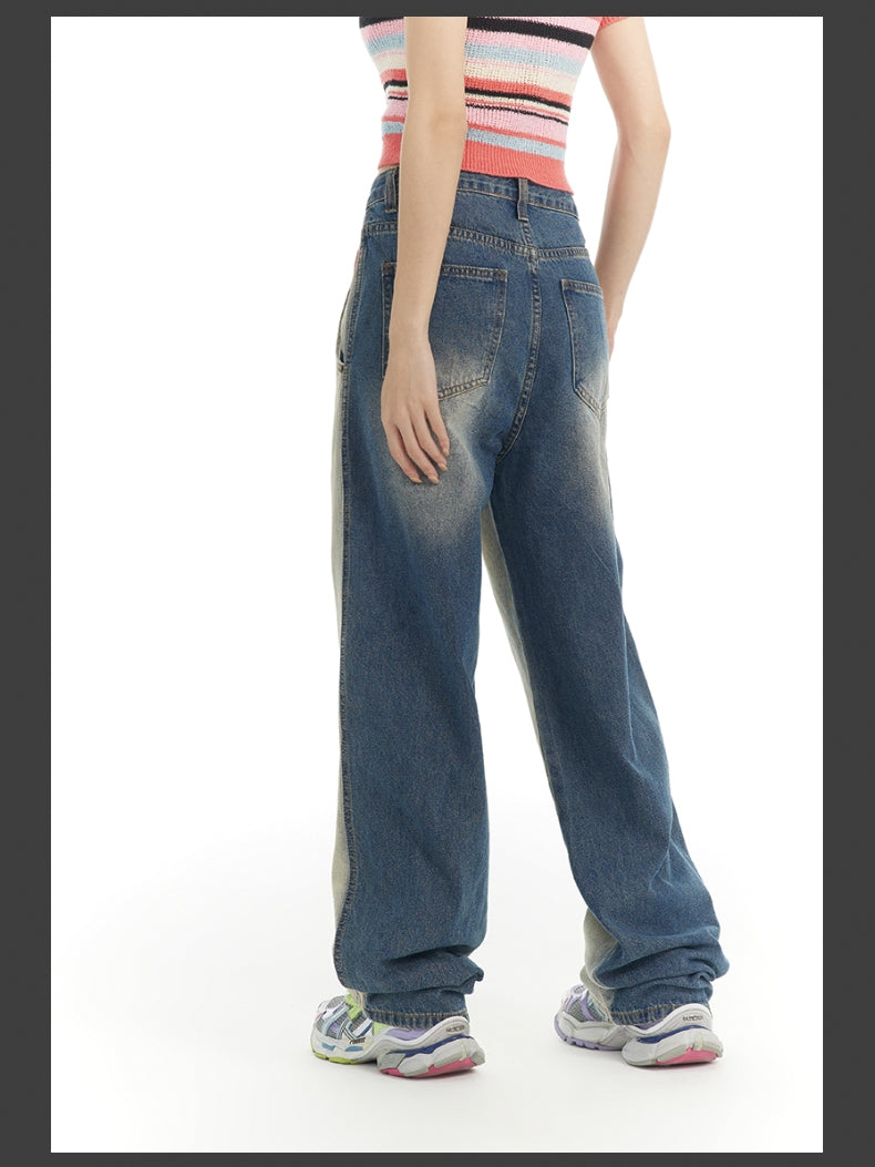 Nichi Contrast Faded-Denim Wide Casual Pants