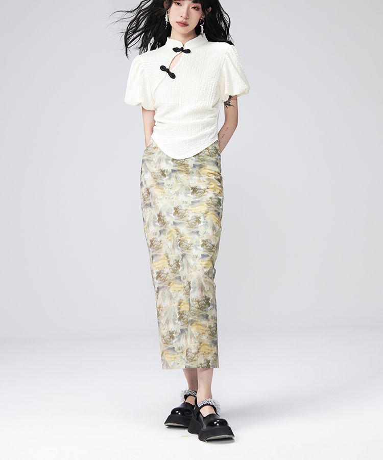 Puff-sleeve Flower Retro Blouse＆Pencil-Skirt