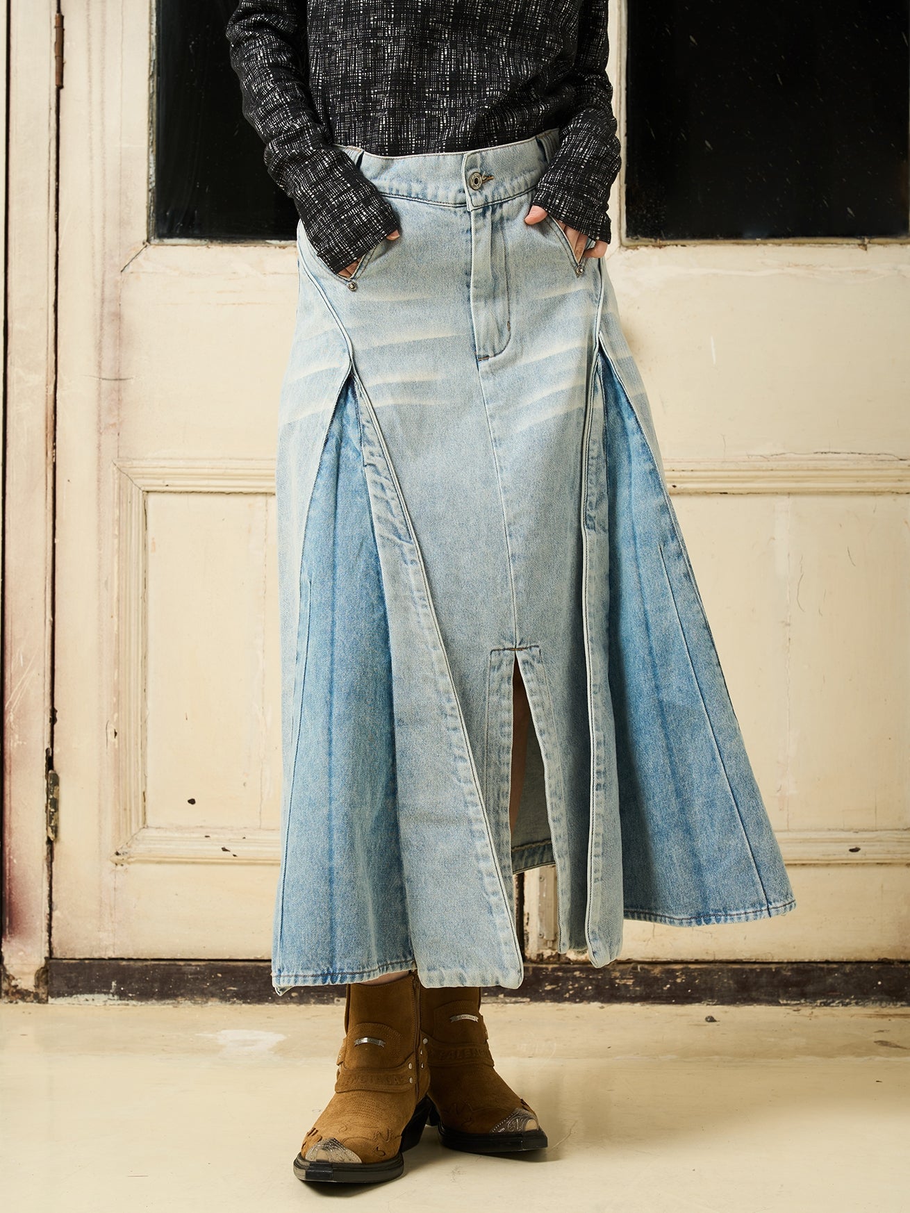 Denim Long PLEATS SLIT FLARE-SKIRT