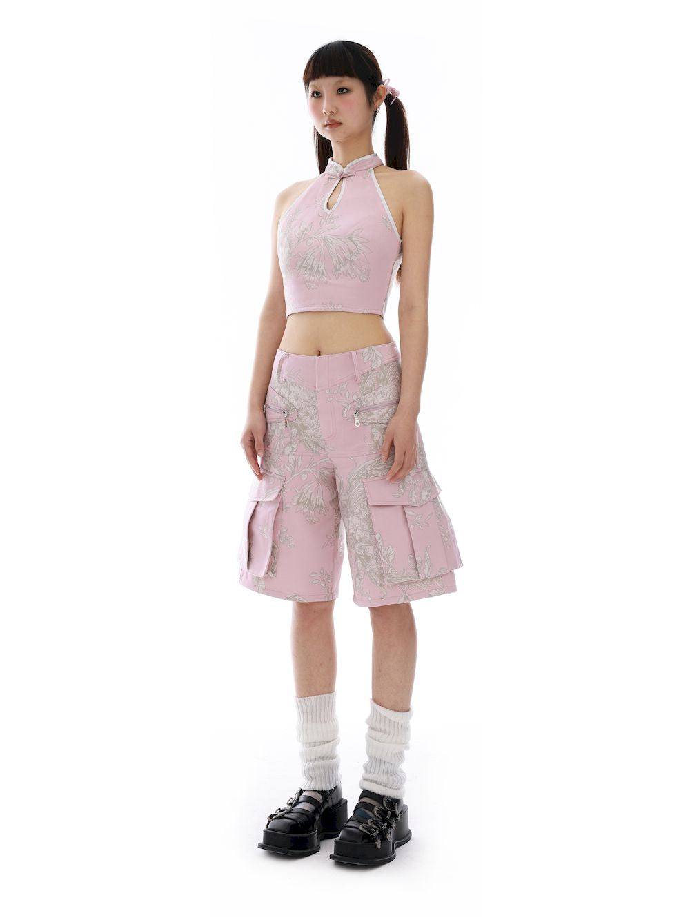 Cropped Mao-Collar Halter-Neck FLOWER TOPS