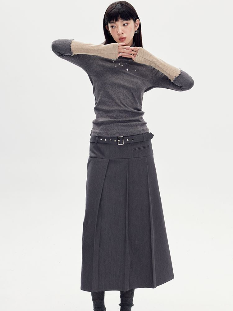 Long Box-Pleats Plain Skirt