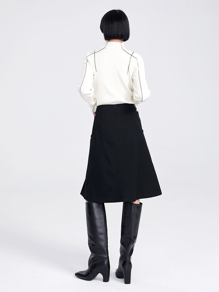 Simple High-neck Monotone Line Knit