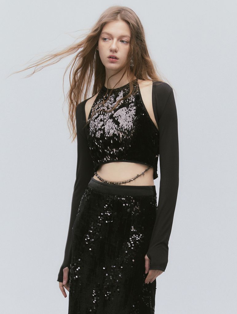 Chain Sequin LUSTER TOPS &amp; LONG-SKIRT