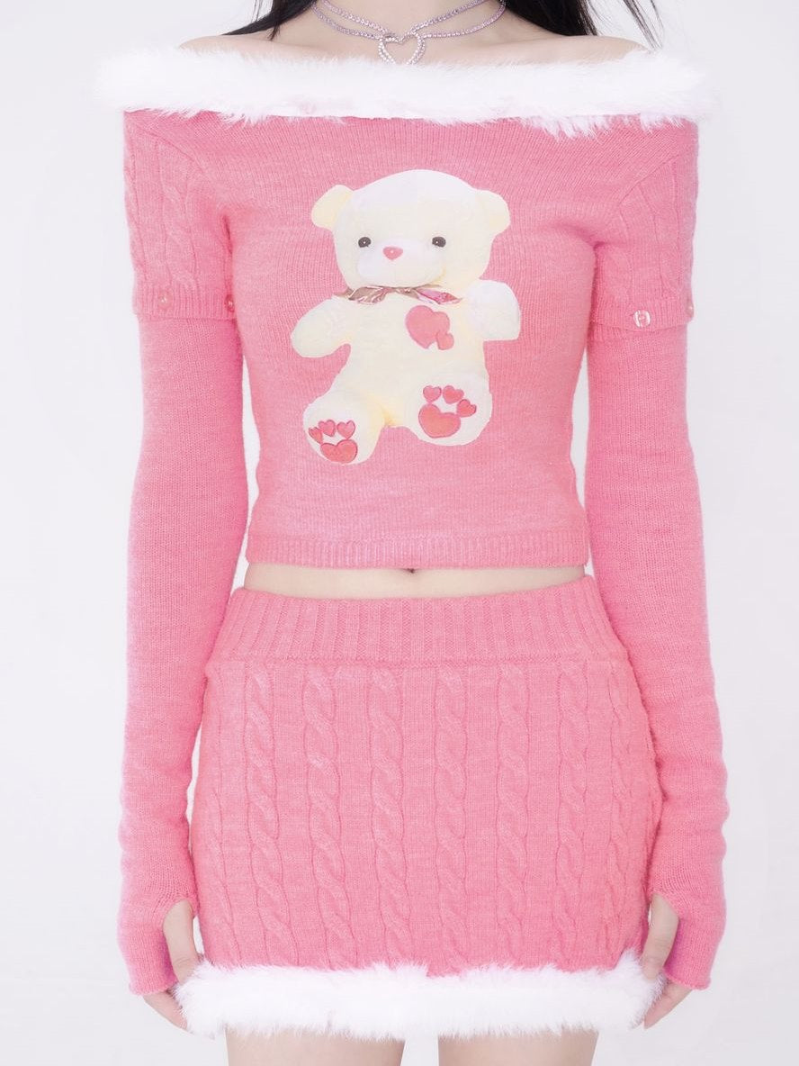 Boat-neck Fur Pop Cute Fluffy Arm-cover Knit&amp;Skirt