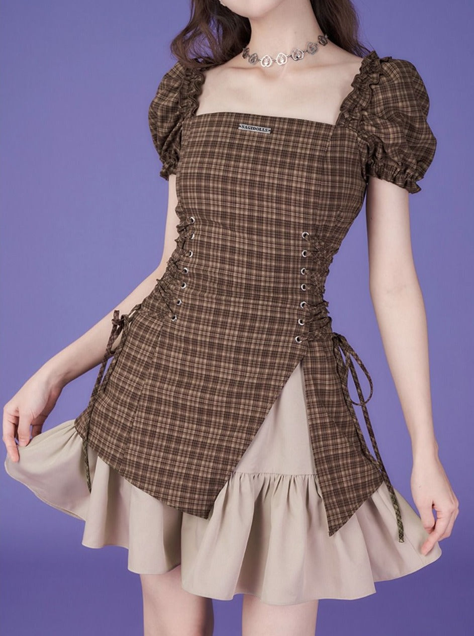 Lace-up Checked Girly Puff-sleeve One-piece