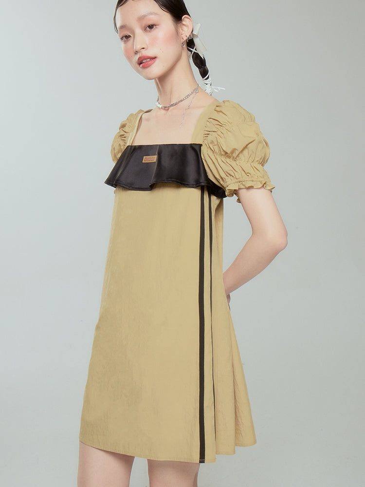 PUFF-SLEEVE CRUMPLY BI-COLOR RETRO ONE-PIECE