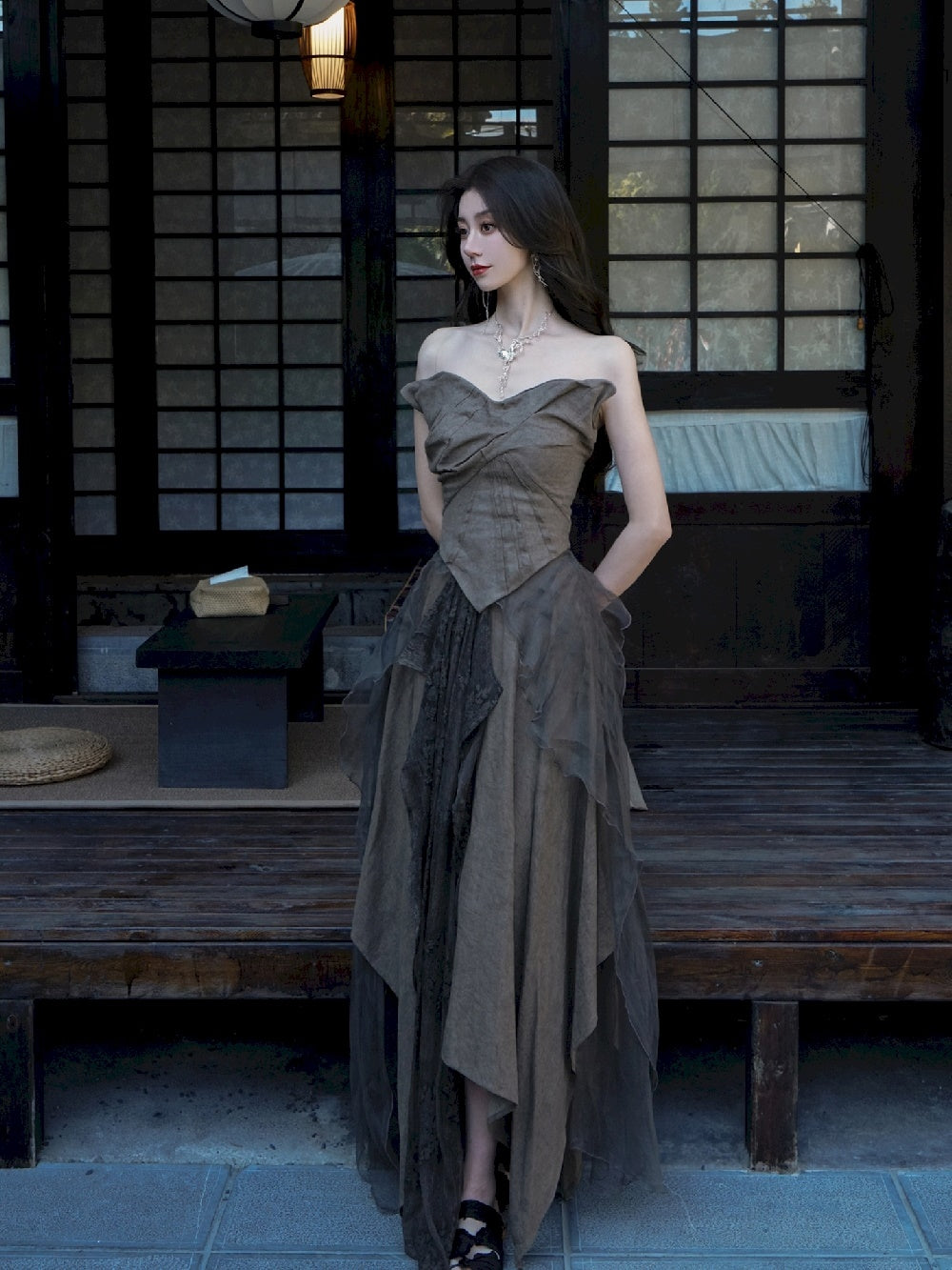 DRESS ELEGAMT LACE FLUFFILY CIFFON MODEST TOPS & SKIRT – ARCANA ARCHIVE
