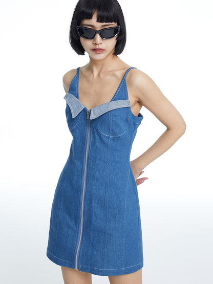 Denim Tight Short Front-zip Casual One-piece