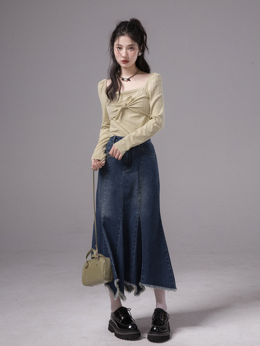 TASSEL MERMAID FADED-DENIM FLARE LONG-SKIRT