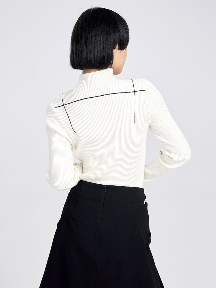 Simple High-neck Monotone Line Knit