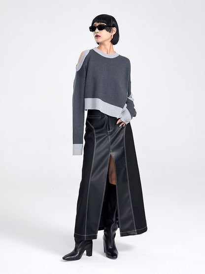 Sleeve-Hole Open-shoulder Nichi Bi-color Loose Knit