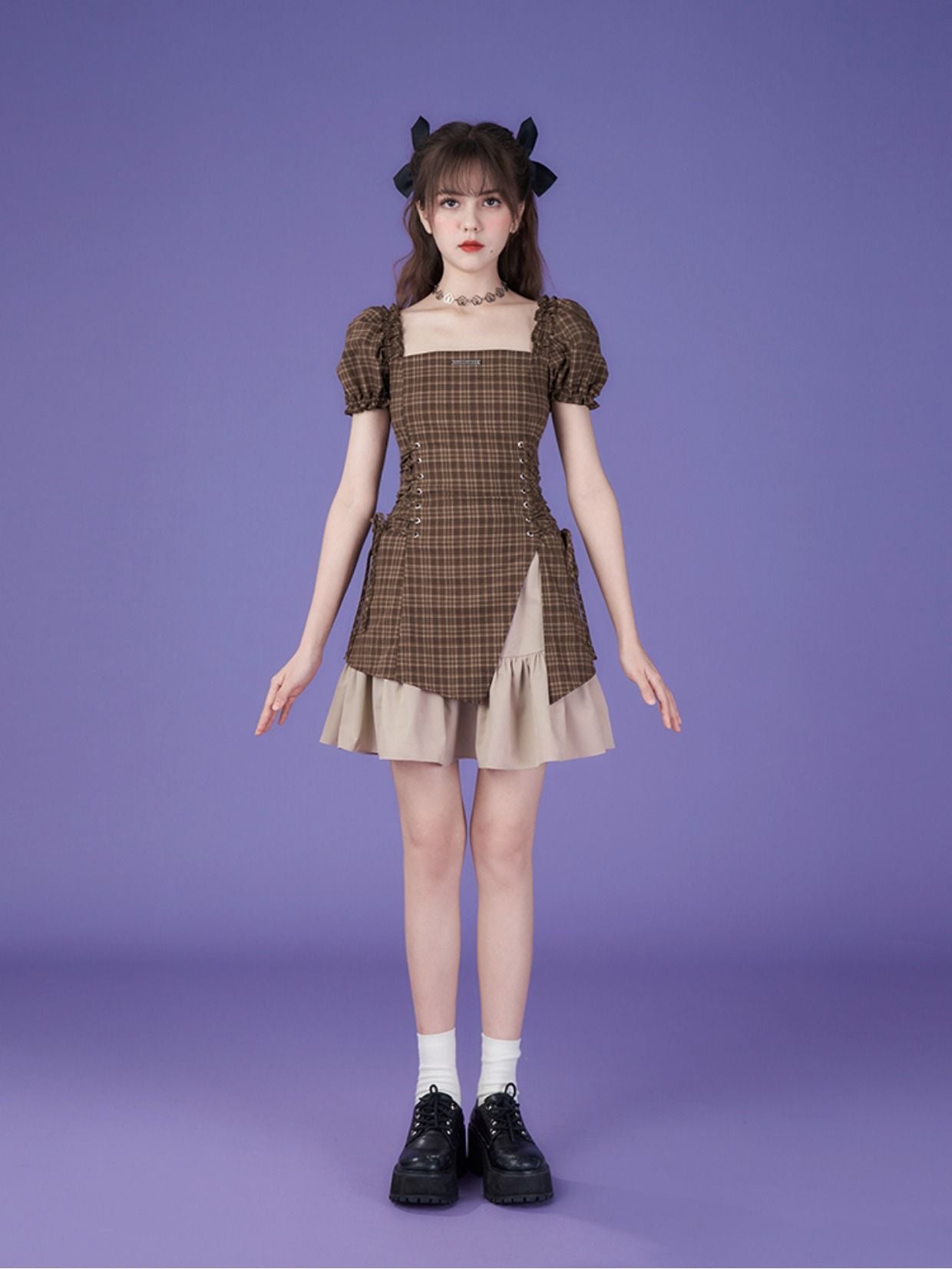 Lace-up Checked Girly Puff-sleeve One-piece